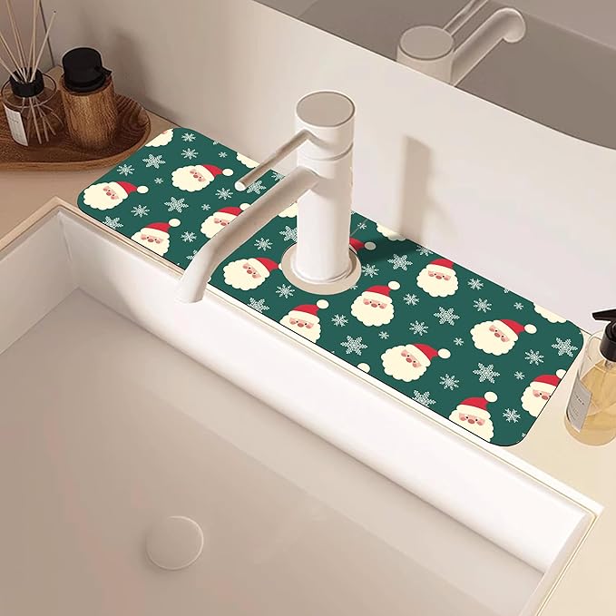 Christmas Kitchen Sink Splash Guard Mat Santa Claus and Snowflakes Sink Splash