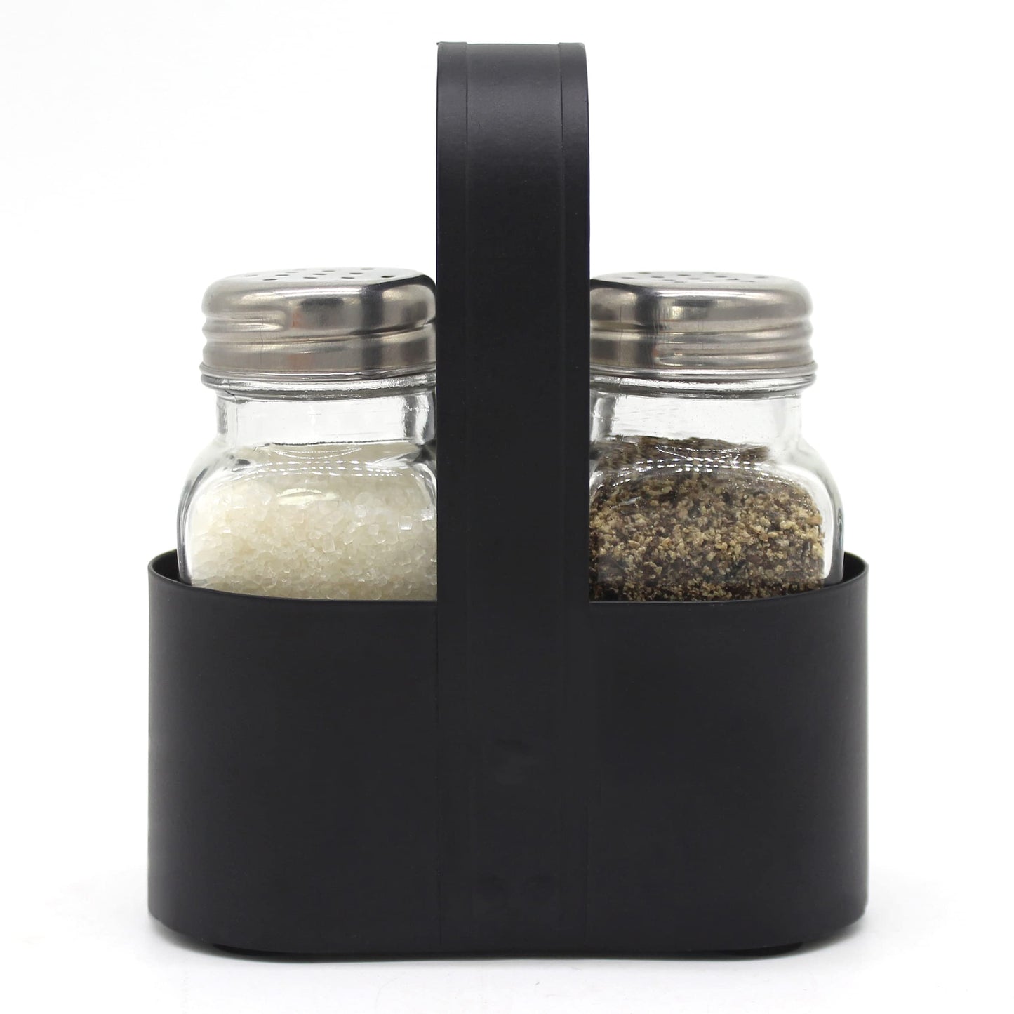 CVHOMEDECO. Salt and Pepper Shakers Set with Black Galvanized Caddy, Rustic Farmhouse Glass Salt and Pepper Shaker Dispensers, Black Metal Holder with Padded Feet, for Home Kitchen Table Decor. Oval