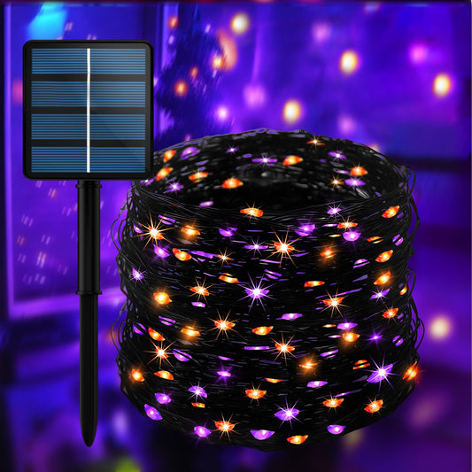 200LED Solar Halloween Lights，78FT Orange& Purple String Lights，Solar Fairy Lights with 8 Modes， Halloween Lights Outdoor Waterproof for Bedroom Patio Garden Party Yard Decoration