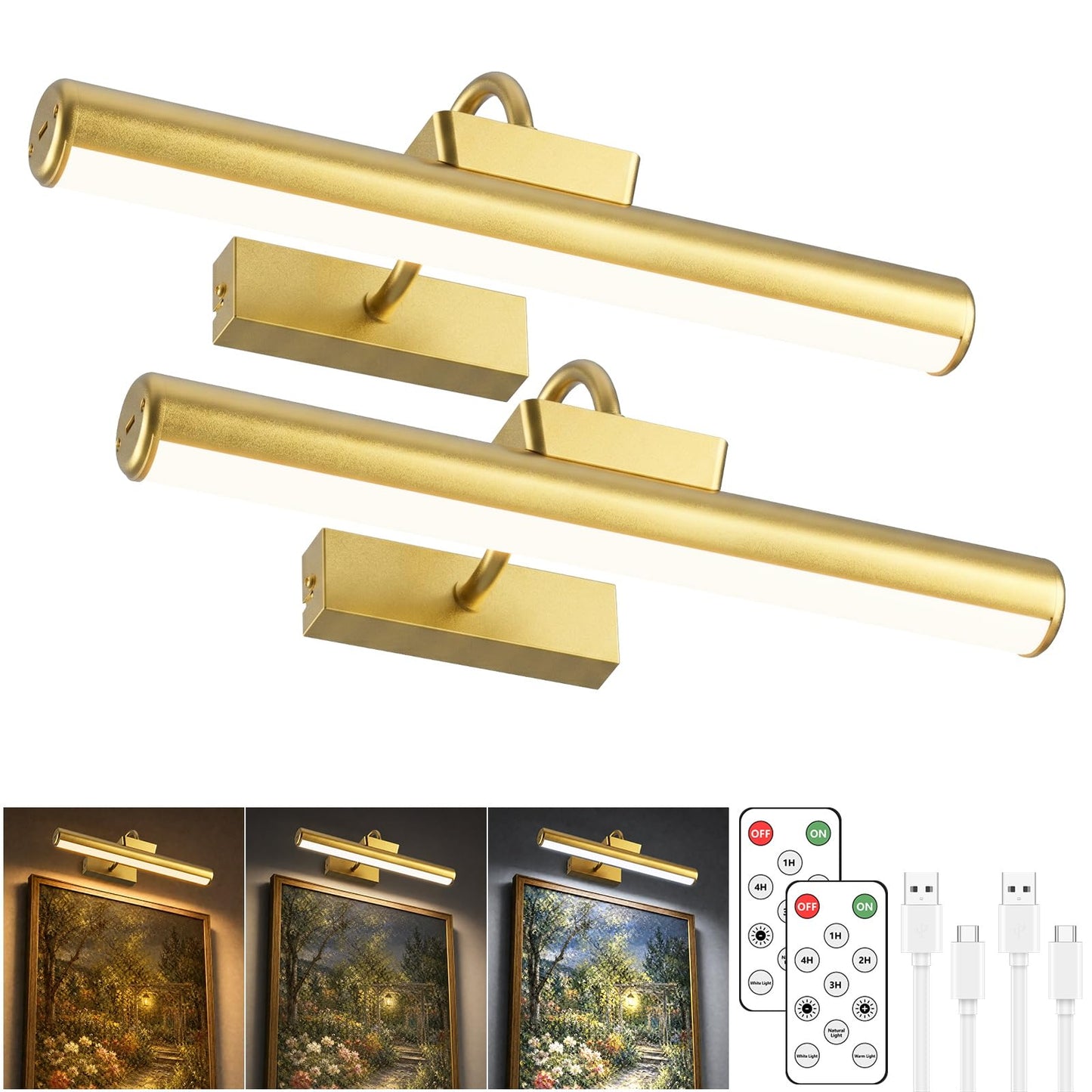 13" Aluminum Wireless Picture Lights for Wall, 5000mAh Rechargeable Battery Operated Wall Art Lighting, Dimmable 3-Color Gallery Painting Light for Pictures On Wall, with Remote/Timer [Gold, 2Pack]