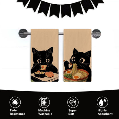 Croar Funny Black Cat Kitchen Dish Towels Set of 2, Japanese Food Sushi Ramen Noodles Drying Hand Towel Baking Cooking Cloth, Restaurant Dinning Room Home Decor Pet Cat Owner Lover Gifts 18'' x 26''