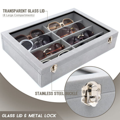 KLOUD City Luxury Sunglasses Organizer - 8 Slot Velvet Jewelry Storage Case with Clear Glass Lid | Dustproof, Scratch-Resistant Display for Glasses & Watches | Elegant Gift Box (14"x9.5")