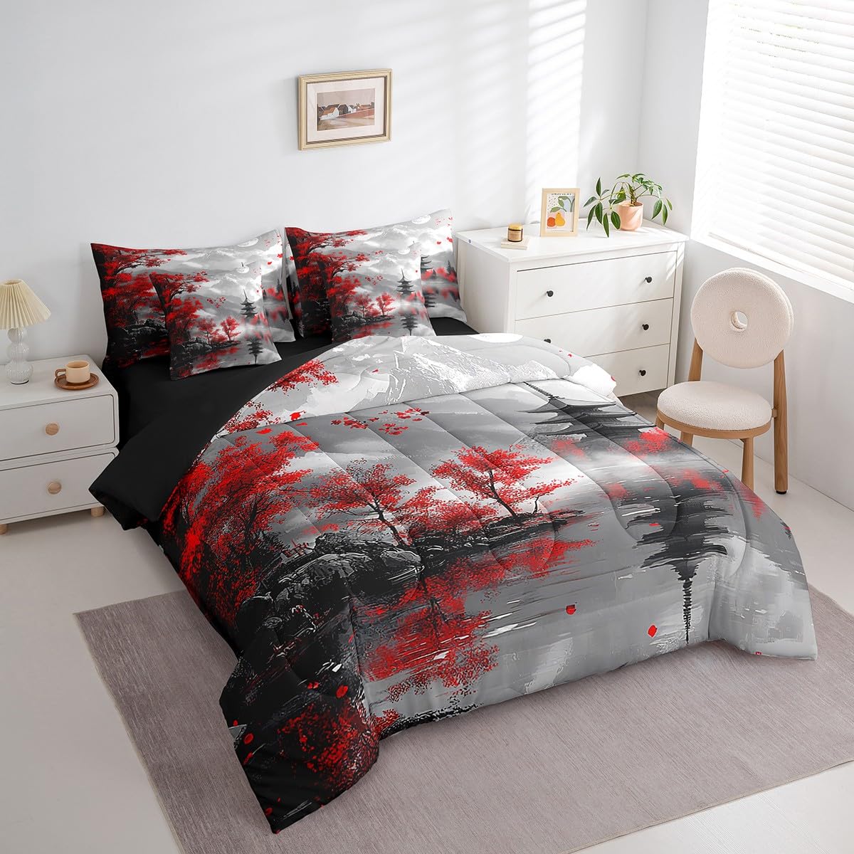 Erosebridal Red Cherry Blossom Queen Comforter Set with Sheets,Japanese Style Bedding Set for Kids Adults,Mountain Scene Bed Set Oriental Aesthetic Bed in a Bag with Fitted+Flat Sheet,Pillowcases