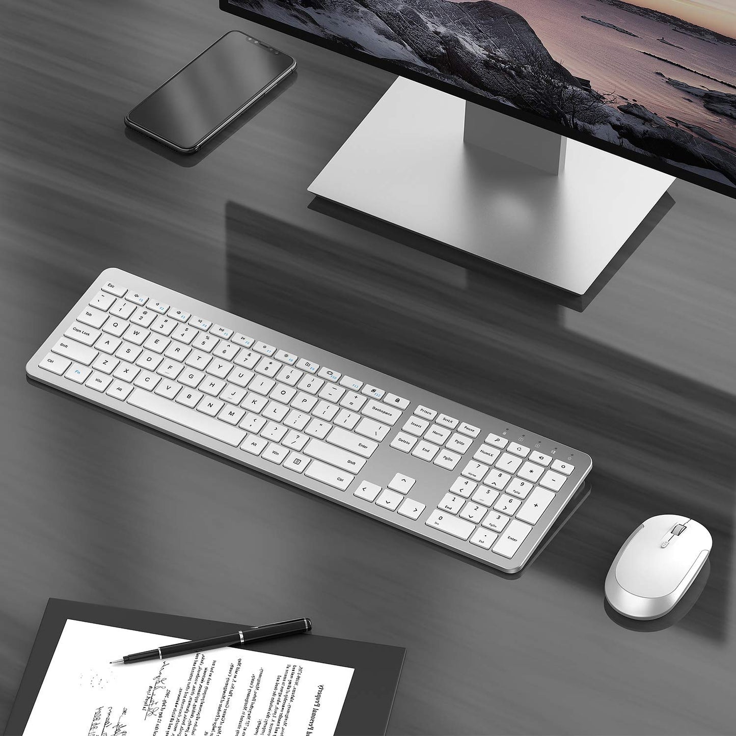 seenda Wireless Keyboard and Mouse Set, SK38 Ultra Slim Quiet USB Wireless Keyboard and Mouse Full Size QWERTY UK Layout with Numeric Keypad for Windows PC, Laptop, Computer, White and Silver