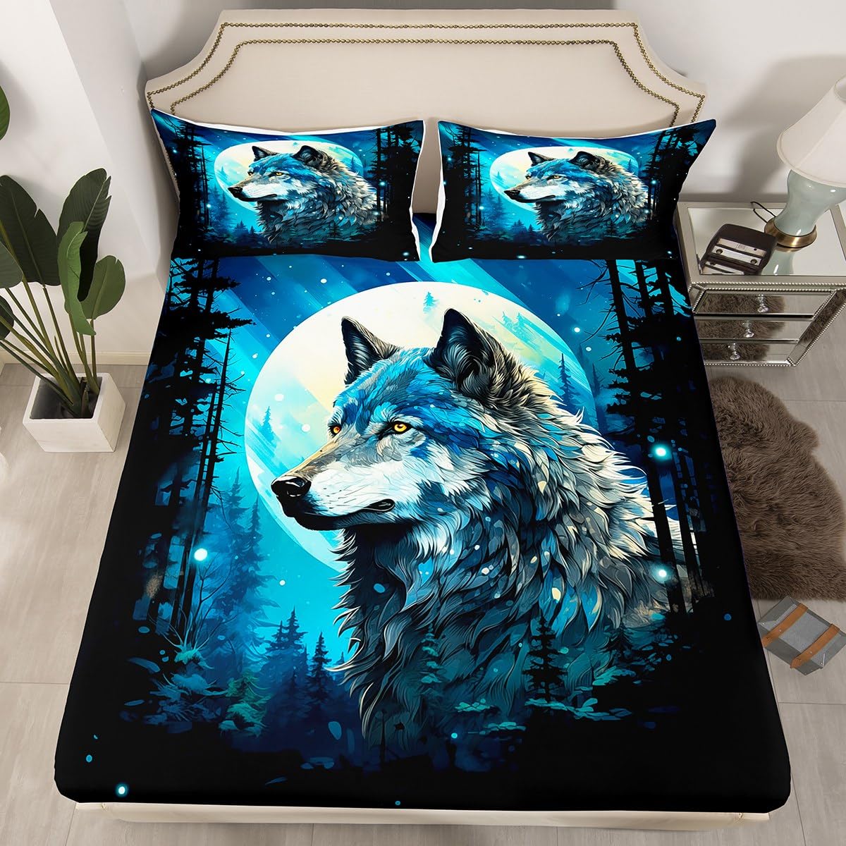 Wolf Fitted Sheet Queen Size,Nature Tree Jungle Mountain Bed Sheet Moon Night Starry Sky Bedding Set 3Pcs for Kids Boys Teens Men Room Decor,Wild Animals Theme Deep Pocket Sheet,2 Pillowcases