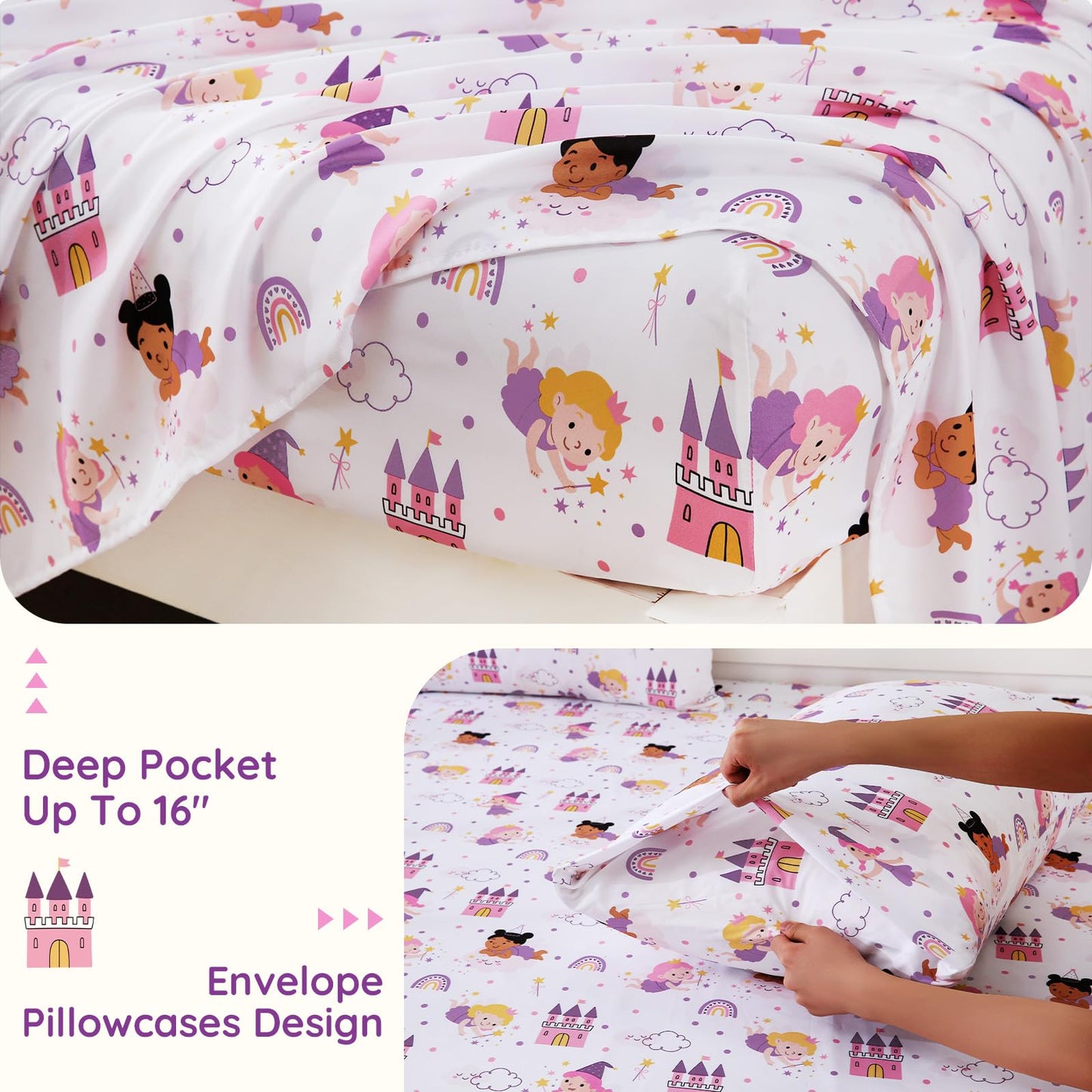MCO Fairy Castle Twin Sheets Set Kids, Soft Microfiber Bed Sheet Set for Boy Girls, 3 Pieces Breathable Twin Sheets