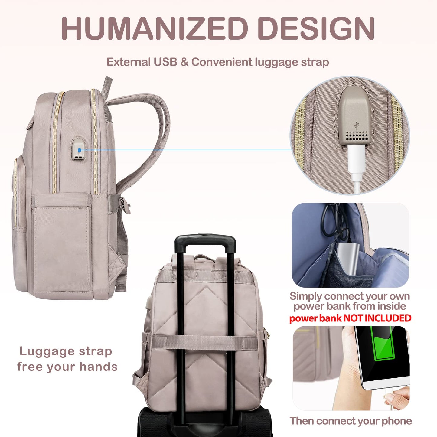 VANKEAN 15.6 Inch Laptop Backpack for Women Work Laptop Bag Fashion with USB Port, Waterproof Purse Backpacks Teacher Nurse Stylish Travel Bags Casual Daypacks for College, Business, Pink