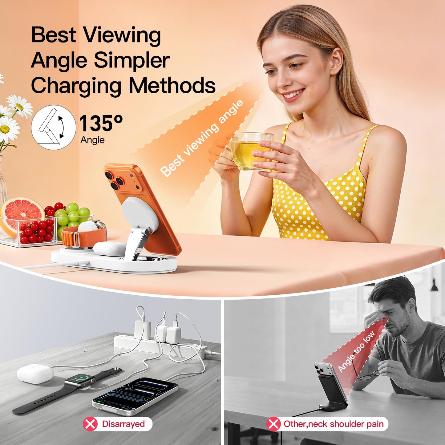 for Apple Watch 5W Fast Charger：3 in 1 Wireless Charging Station for Apple Mag-Safe Charger Stand,Fast Magnetic Wireless Charger Station for iPhone171615 14 13 12 Series,Airpods, Watch（Foldable
