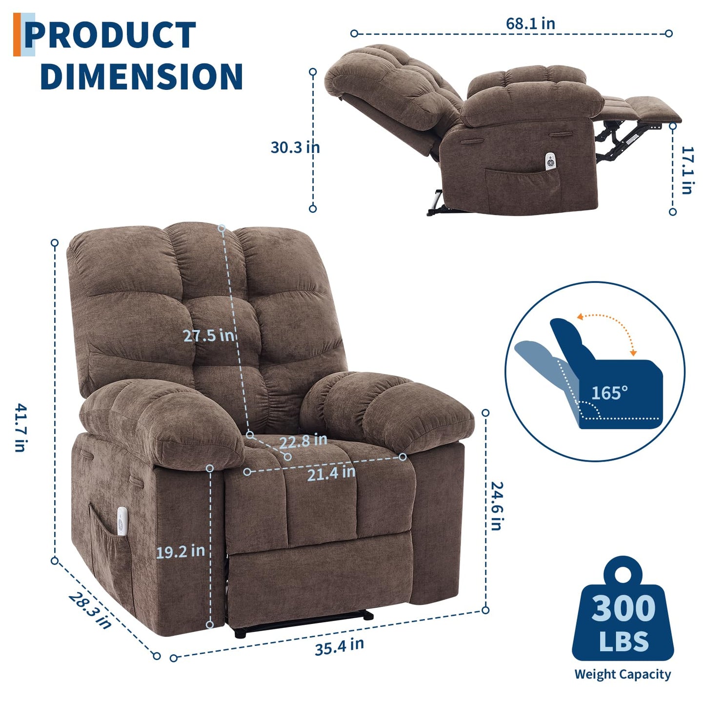 Oversized Recliner Rocking Chair - Wide Overstuffed Recliner with Massage & Heat, Lumbar Support, Side Pockets, Remote Control, Upholstery Soft Sofa Chair for Living Room, Bedroom - Light Brown