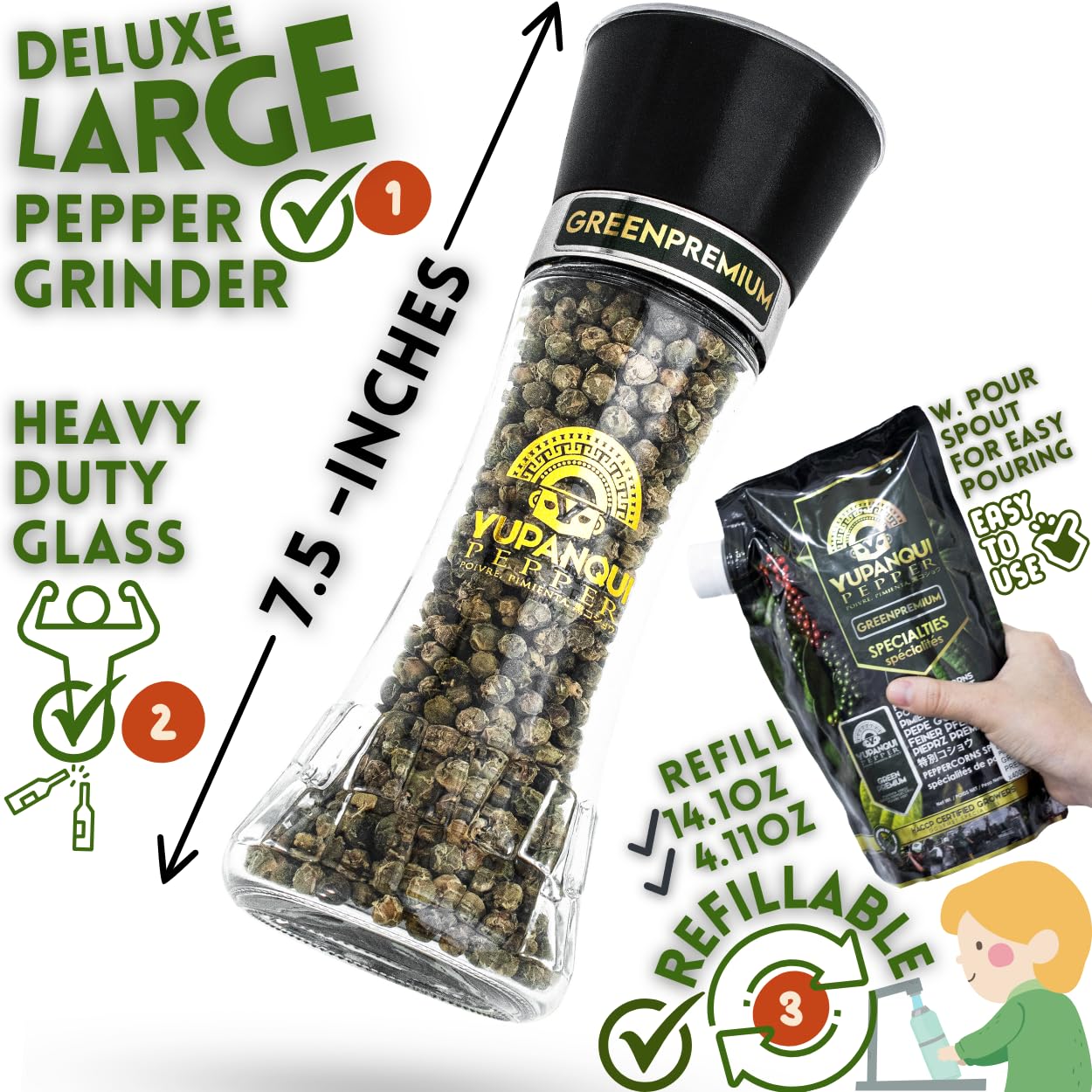 YUPANQUI Green Peppercorn Grinder with Green Peppercorns Refillable 2.1oz Green Peppercorns Organic for Italian French Thai Cuisine Gourmet Pepper Grinder with Fresh Citrus and Herbal Notes