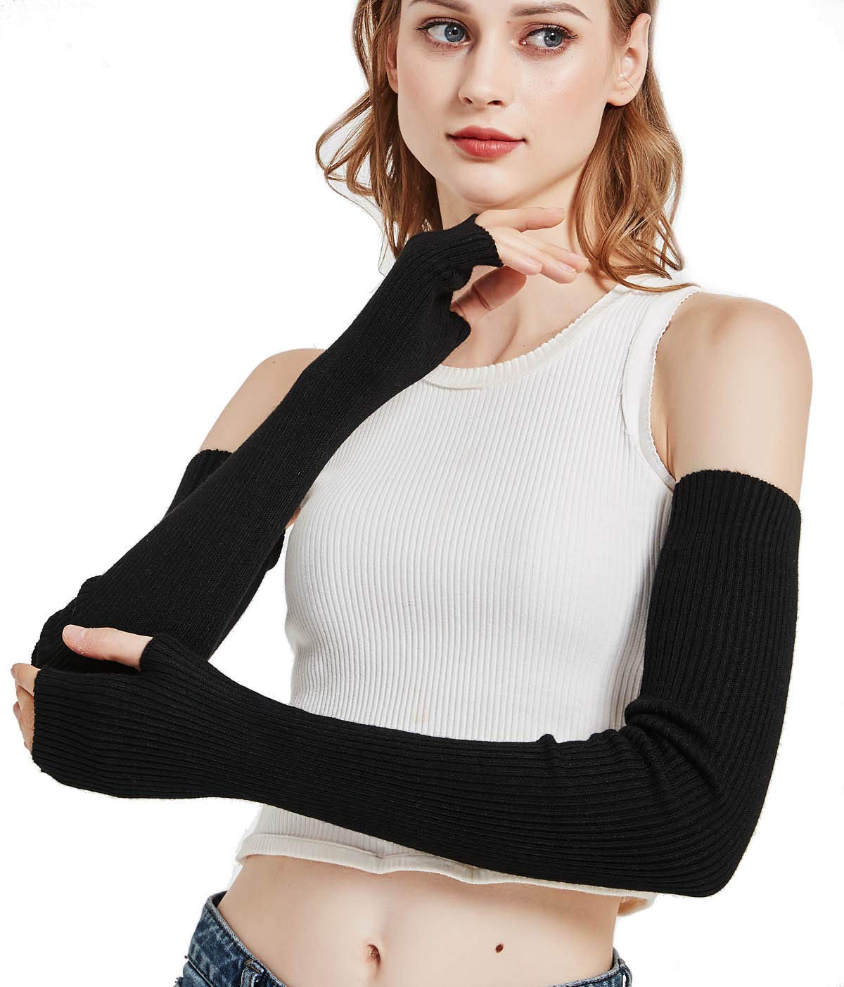 Novawo Wool Blend Warm Arm Warmers Long Fingerless Gloves for Women