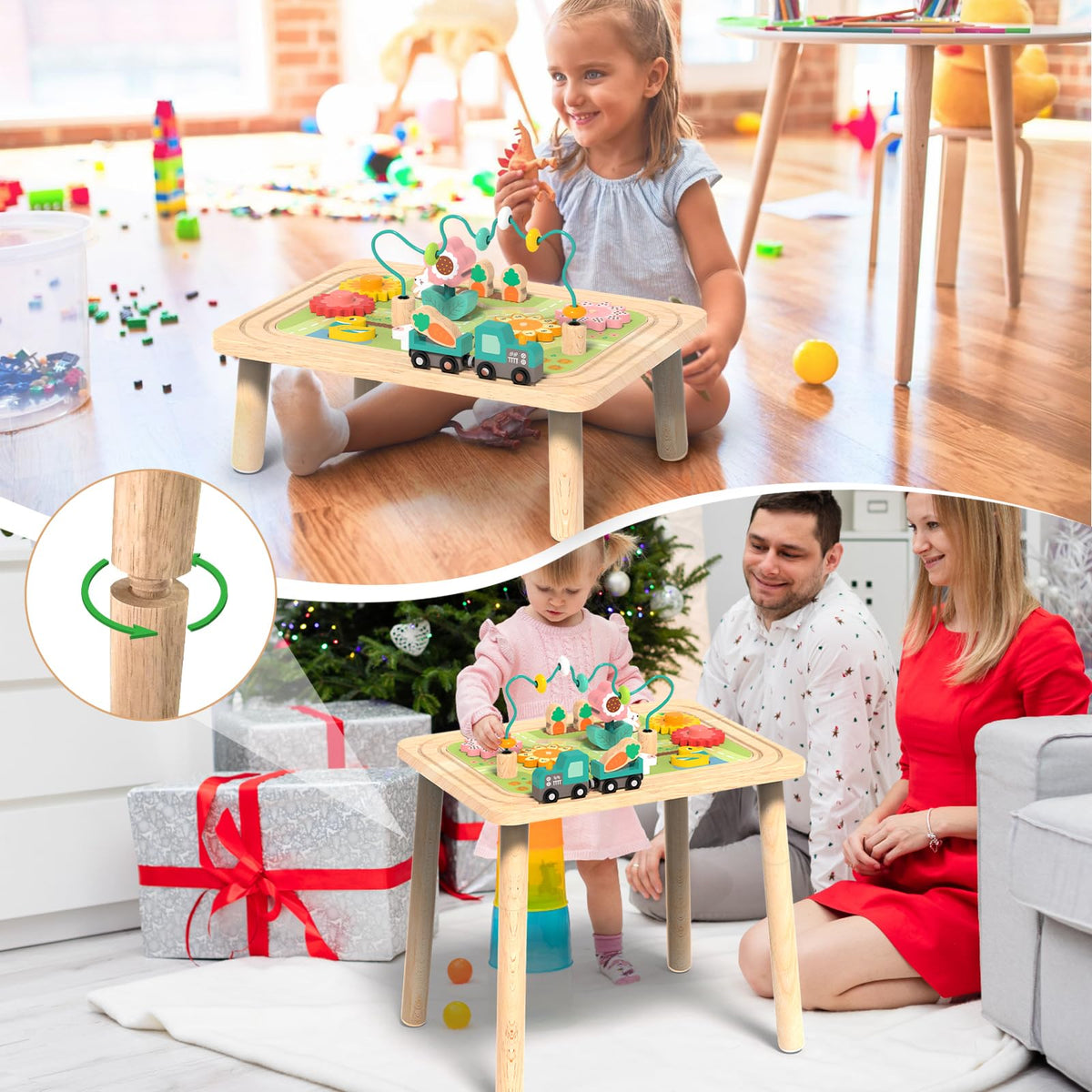 3-in-1 Baby Activity Table for 18-36 Months Old Kids Wooden Activity Center Sensory Play Table for Toddlers with Bead Maze Shape Sorter Montessori Toys Sand Table Must Have Birthday Gift for Girls Boy