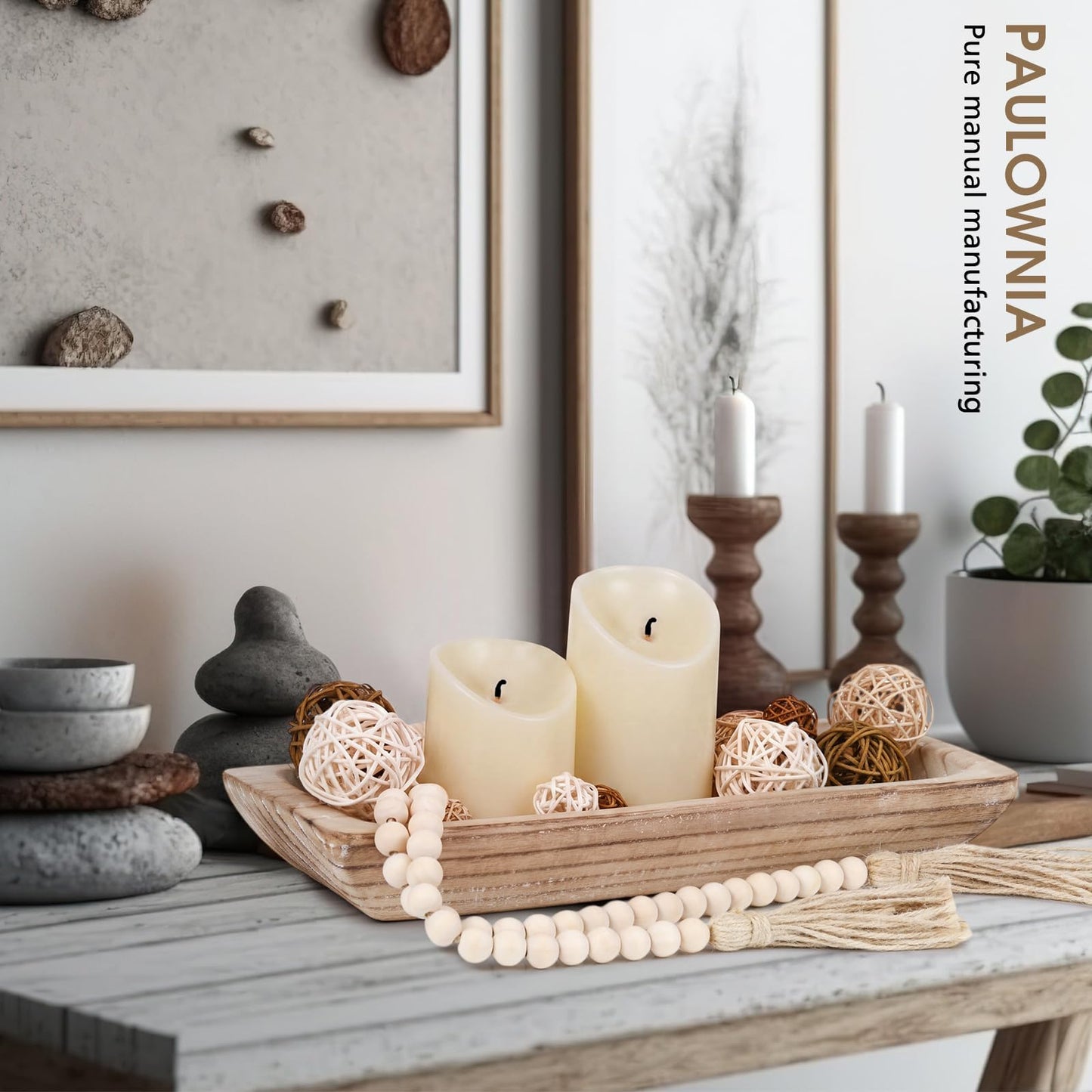 Teenyyou 17 Pcs Wooden Centerpiece Table Decorations Wood Dough Bowl Wicker Rattan Balls Beads String with Tassel Natural Decorative Tray Rustic Bowl Filler for Dining Room Kitchen(White)