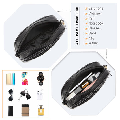 Miss Lulu Women's Small Black Crossbody Shoulder Bag with Adjustable Strap - PU Leather, V-Shaped Pattern & Tassel Detail