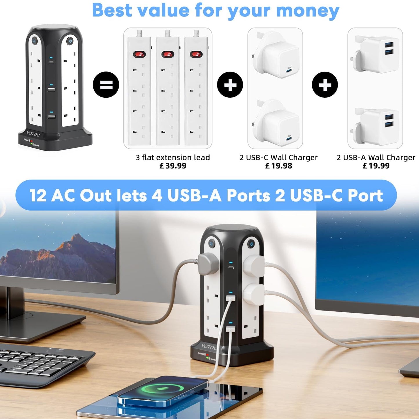 Tower Extension Lead,12 Way Surge Protected Extension Lead with 4 USB(5V 4.8A) Slots,2 USB-C(5V 3A),3250W Power Strip with 4 Individual Switches and 3M/9.8ft Extension Cable for Home,Office,School