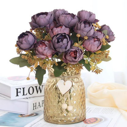 Leayiuvan Faux Flowers in Vase, Fake Flowers in Vase 21 Pcs Faux Peony Flowers, Artificial Flowers for Home Decor, Indoor Centerpiece for Living Room & Dining Table - Purple Red