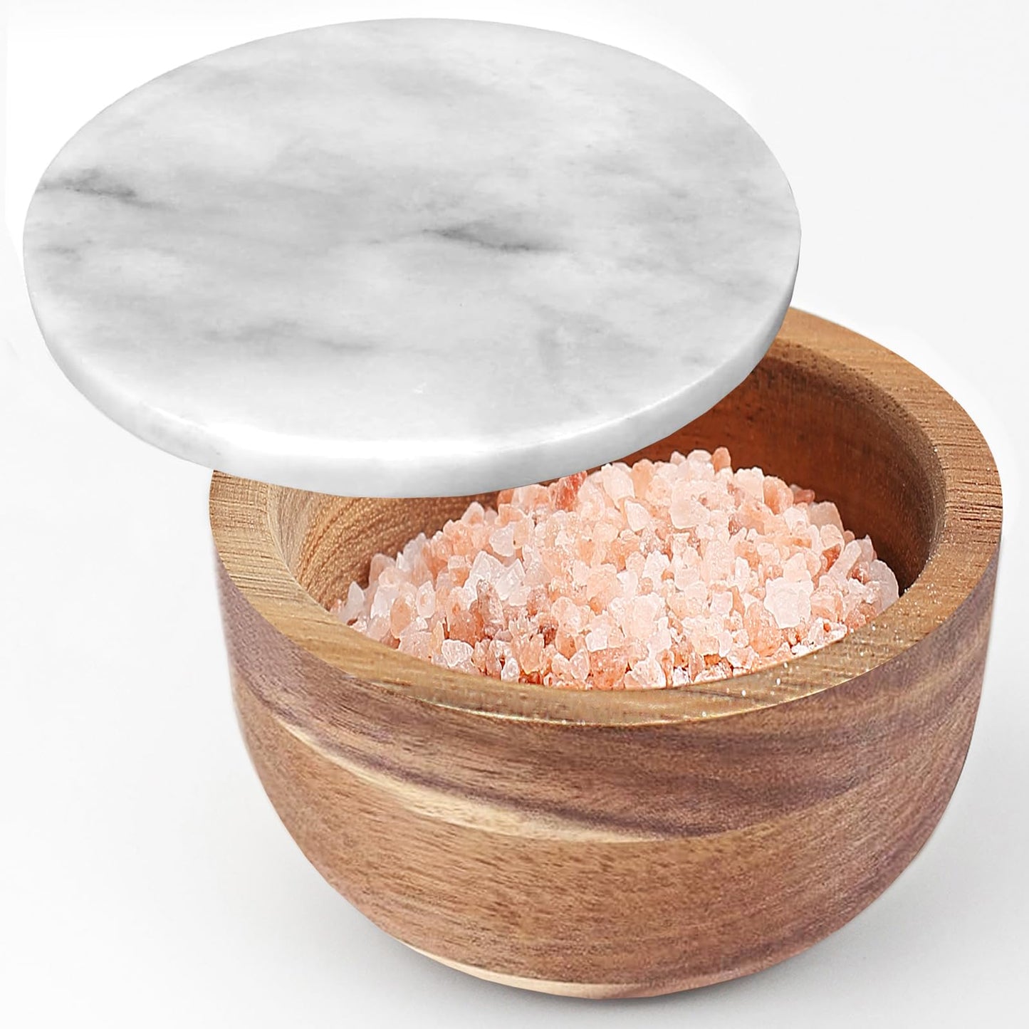 jalz jalz Large Acacia Wood Salt Cellar with Marble Lid - 10oz Heavy Salt Box Pepper Pinch Pot with Spoon - Natural Solid Wood Spice Container Decorative White Grey Marble Cover for Kitchen Counter