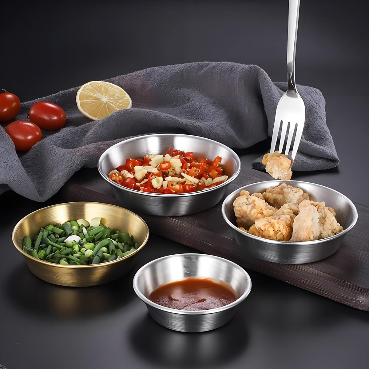 Fkereg 4 Pack Stainless Steel Soy Sauce Dish, 6 oz Dipping Condiment Bowls, Modern Style, Silver, 4.3 Inches, Dishwasher Safe