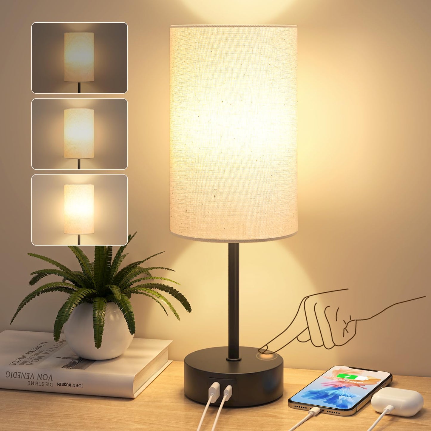 STANBOW Bedside Lamps, Touch Lamp Bedside with USB A+C Charging Ports, 3-Way Dimmable LED, Table Lamp for Living Room Bedroom Gift with Beige Shade-Black Base (LED Bulb Included)