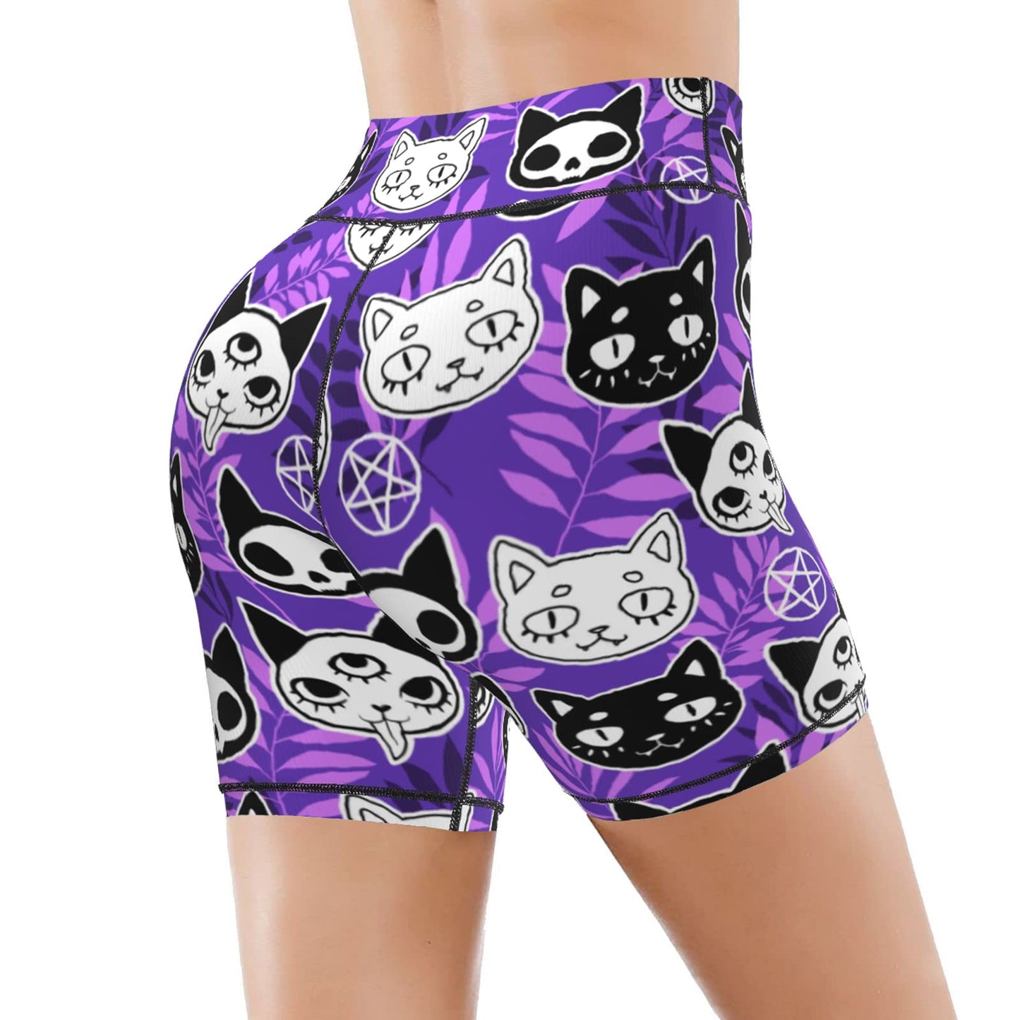 Purple Ghost Cat Witchy Women's High Waist Bike Shorts for Workout Sports Athletic Running Hiking Biker Yoga Gym Medium Size