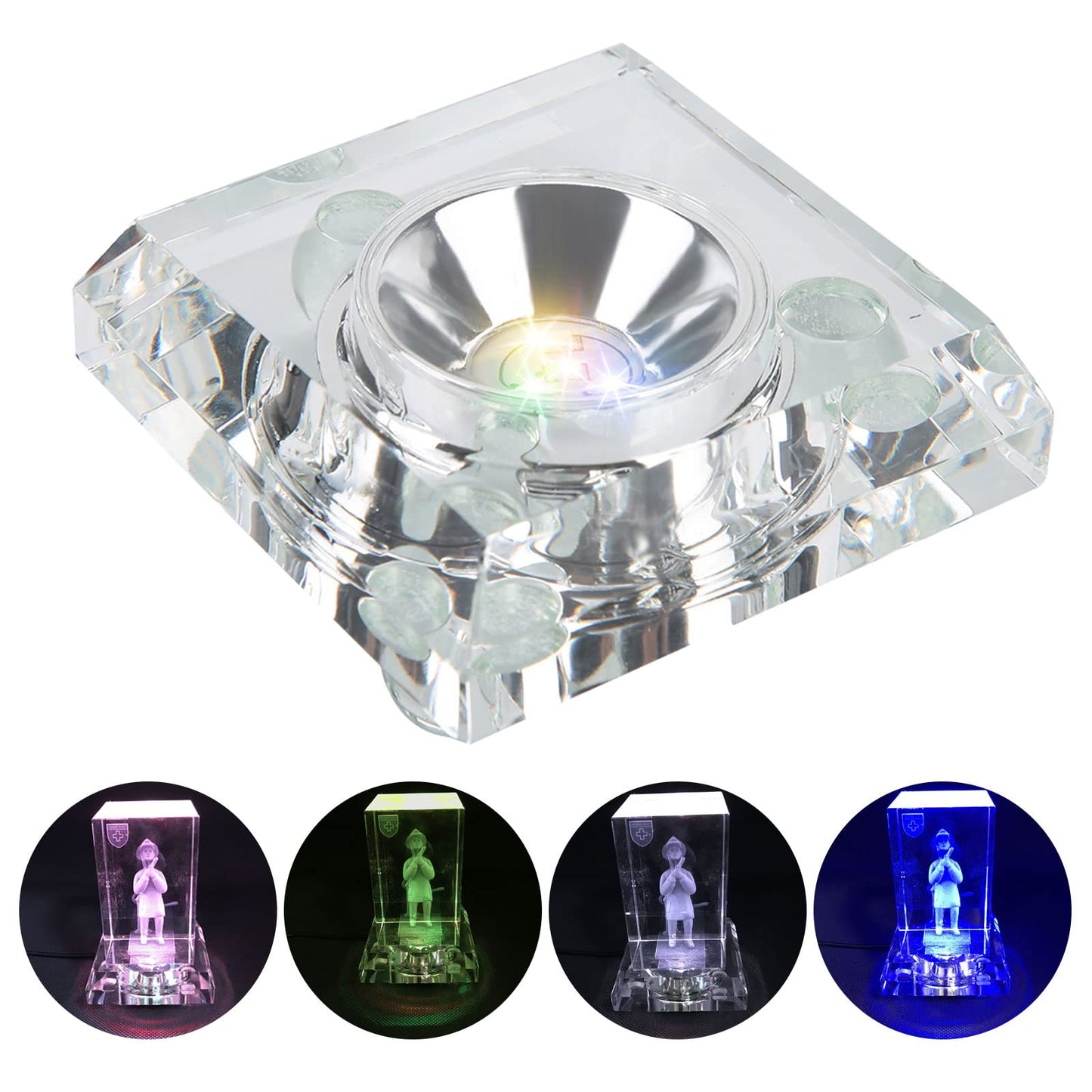 Aepiraza Crystal Led Light Base for 3D Display Lighted Up, 4 LED Bead 7 Colors Led Crystal Light Base Multi-Color Automatic Flashing Show Stand for 3D Glass Art Craft Shows (Square)