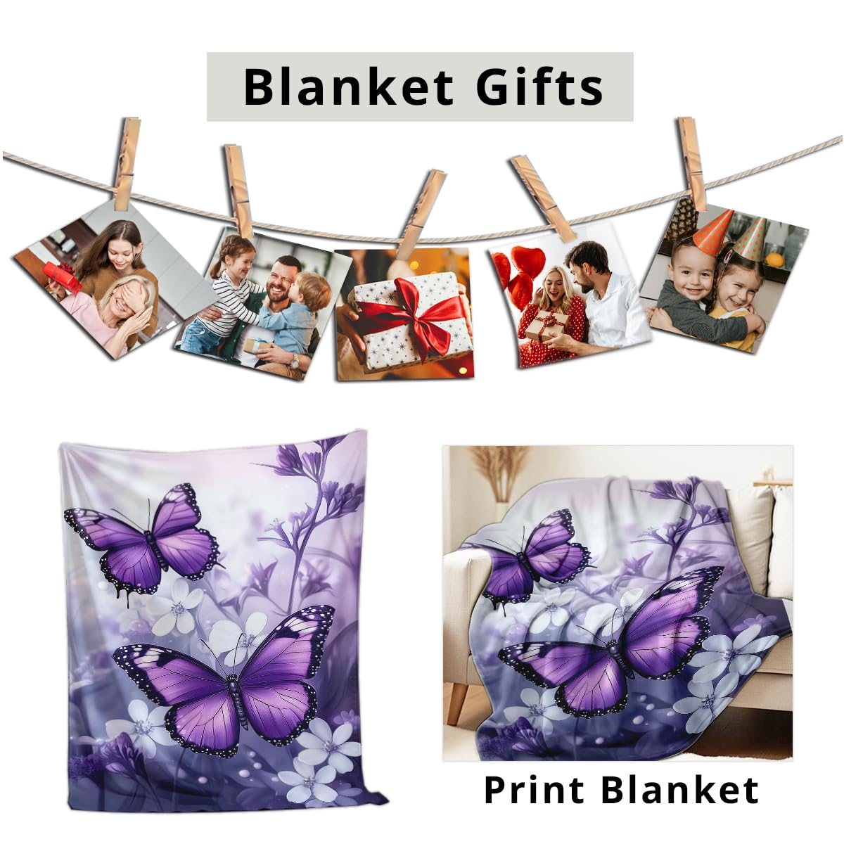 HUNXIAOJ Printed Bed Blanket Purple Butterfly Throws Soft Flannel Blanket Butterfly Gifts for Adults Kids Couch Butterflies Decor for Sofa Bed Office (49"x59")