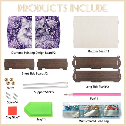 MVVMTOP Diamond Art Painting Kit Wooden Storage Box, cat Pattern DIY Special Shaped Diamond Flip Cover Wooden Money Box, Handmade Art Desktop Decorations Birthday Gifts for Friends