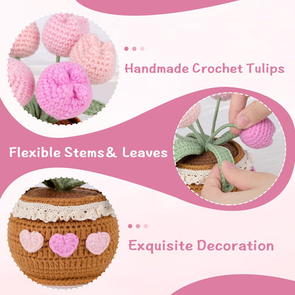 Lovmeety Handmade Potted Crochet Tulip Bouquet, Blush Pink Crocheted Tulips Hand Woven Flowers Knitted Flowers in Exquisite Pot Gift for Women Friends Kids for Home Desk Decor