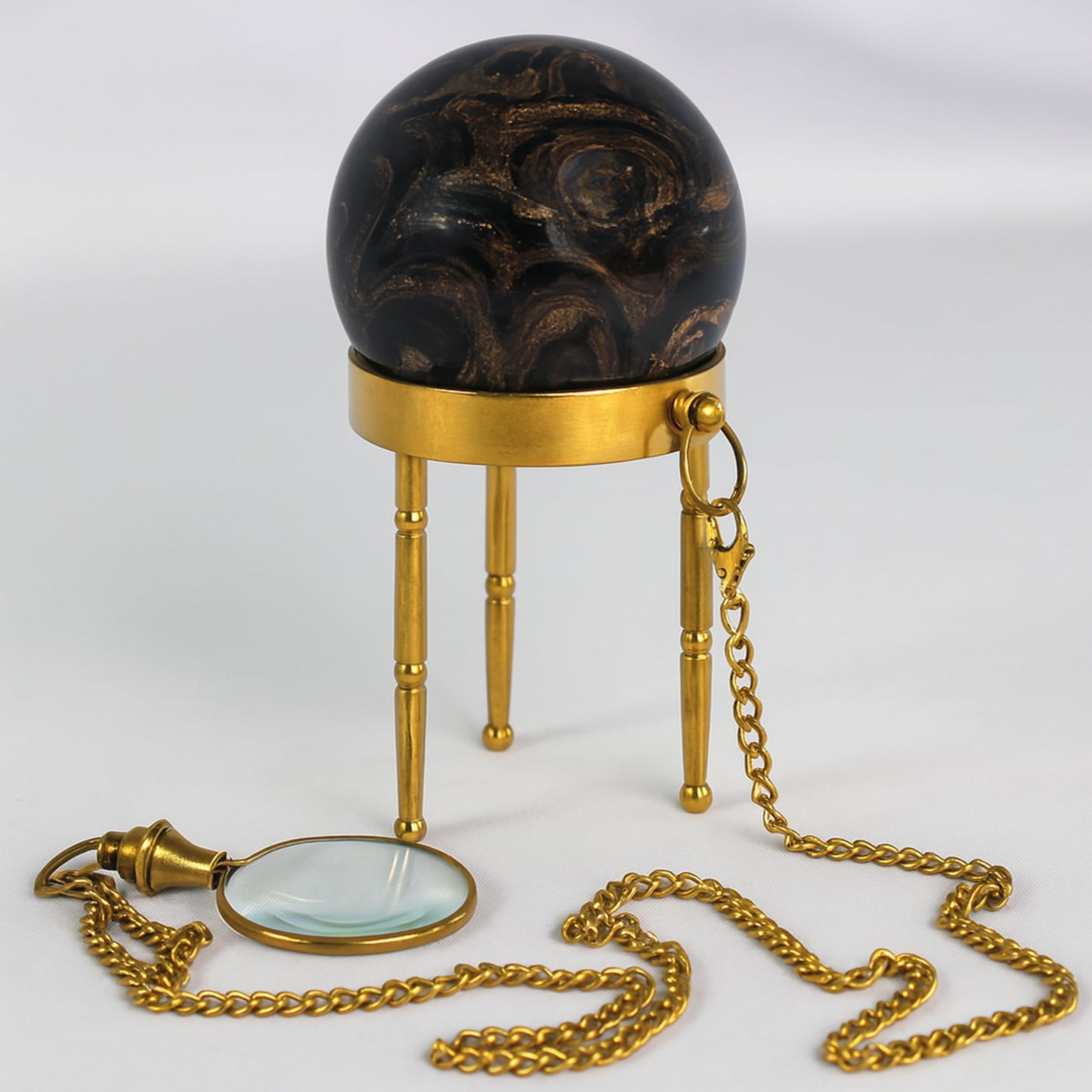 Natural Stromatolite Sphere with Brass Stand & Magnifying Glass Ancient Stone Crystal Ball for Healing, Meditation, Home Décor & Collector’s Gift