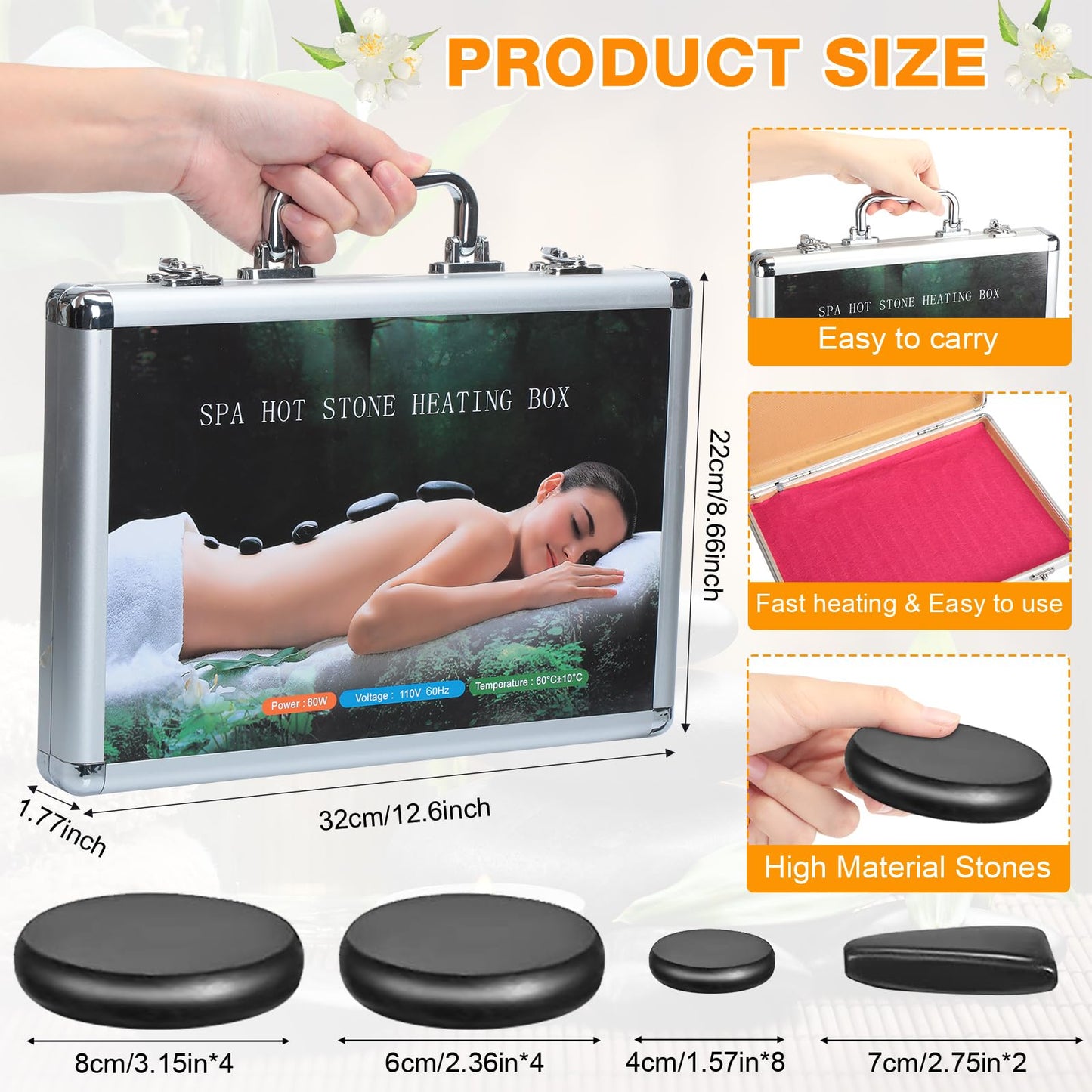 Yunsailing 18 Pcs Hot Stones Massage Set with Electric Heater Box 110v Basalt Massage Rock Kit for Professional Home Spa Warming Relaxing Relief, Constant 50°c (122°f)(Adjustable Temperature)