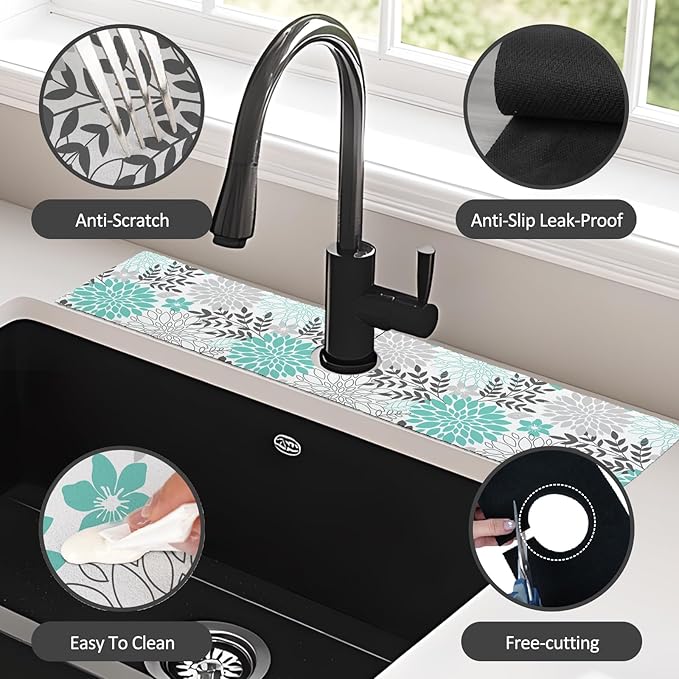 24" X 5.5" Kitchen Sink Splash Guard Faucet Mat Flora Super Absorbent Fast