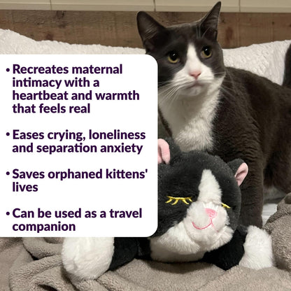 Snuggle Kitty Heartbeat Cat Toy for Kittens and Cats with Real-Feel Pulse and Heat Pack, Calming Sleep Aid for Cat Anxiety, New Kitten Essentials - Grey and White