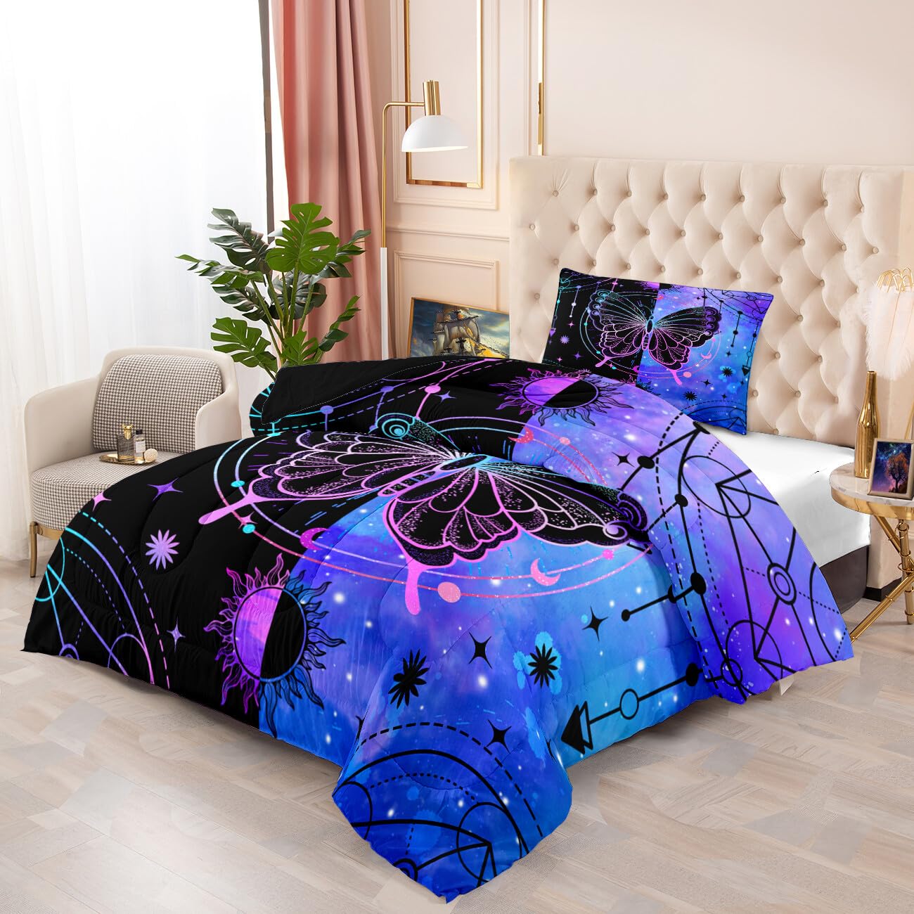 FJKJHKGJ Butterfly Comforter - Butterfly Bed Set - Butterfly Comforter Set for Girls Women Bed Girls Twin Bedding Set Black Blue Butterflies with Sun and Moon Printed Quilt Sets with 1 Pillowcase