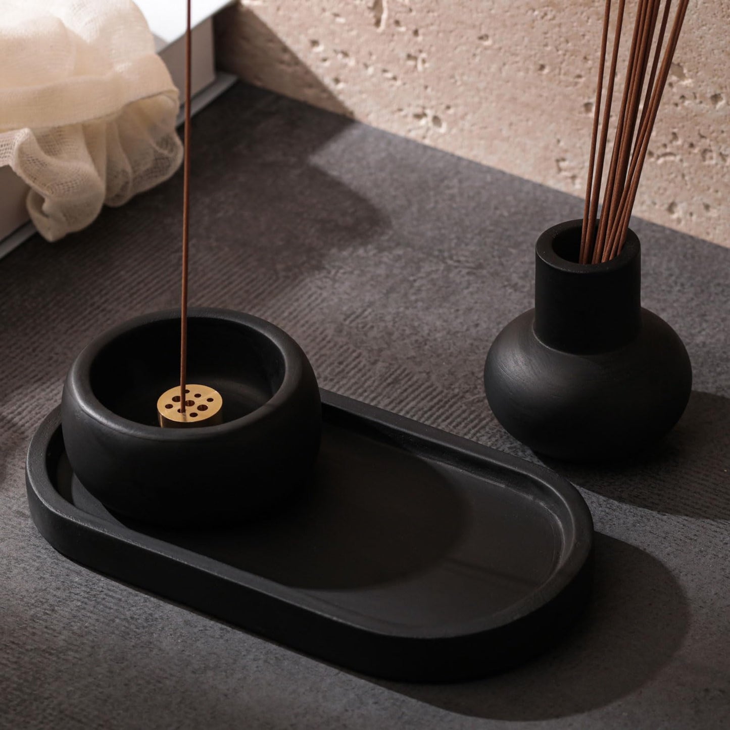 Concrete Incense Burner Set with Holder and Tray,Multifunction Incense Holder for Burning Sage,Palo Santo,Incense Sticks,Ideal for Meditation Home Decor(Black)