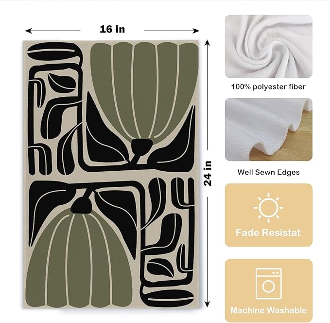 Sage Green Groovy 70s Retro Kitchen Towels Set of 2