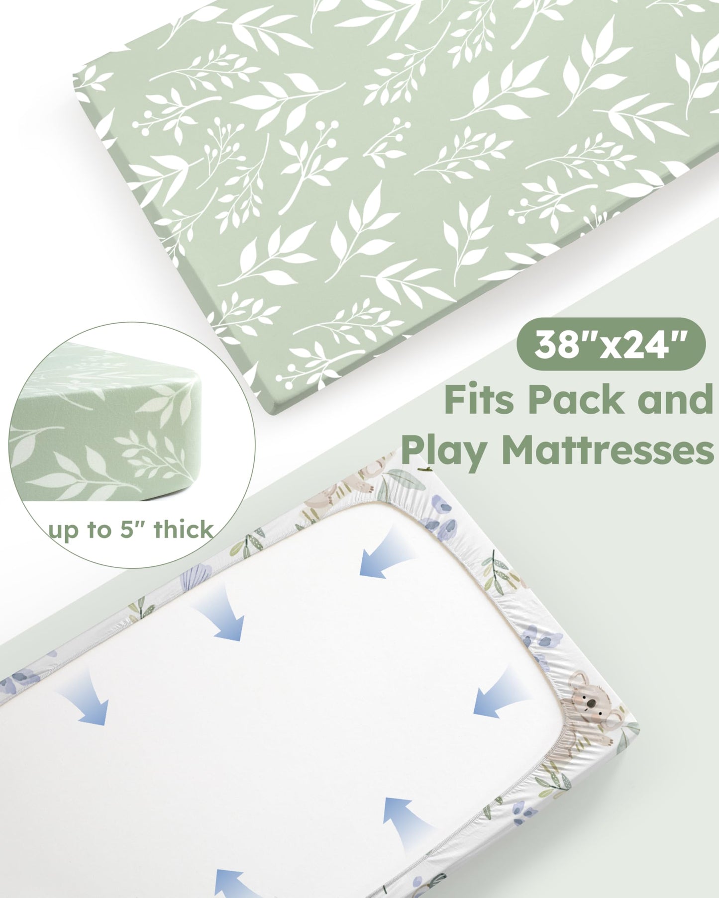 Nyessmee Pack and Play Sheets for Boys Girls, 38" x 26" Mini Crib Sheets Fitted for Pack n Play Mattress, Soft Breathable Playard Sheets, 2-Pack Green Koala