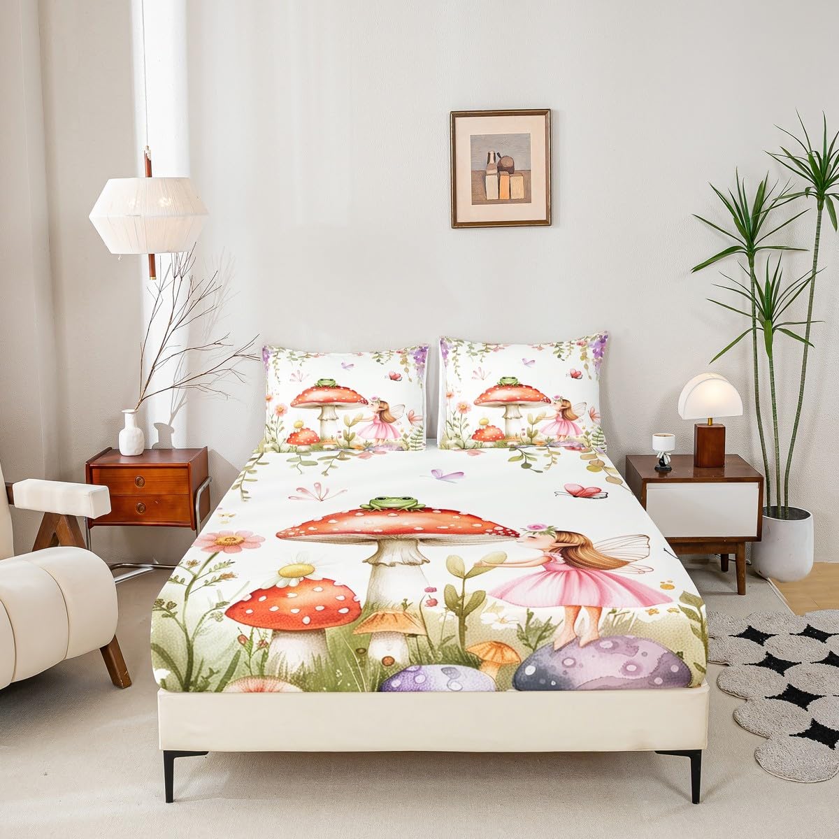 Erosebridal Fairy Garden Twin Bedding Set - Mushroom & Frog Fitted Sheet for Kids Girls, Butterfly Floral Forest Themed Bottom Sheets Only | Whimsical Fairies Bed Set 2 Piece Room Decor