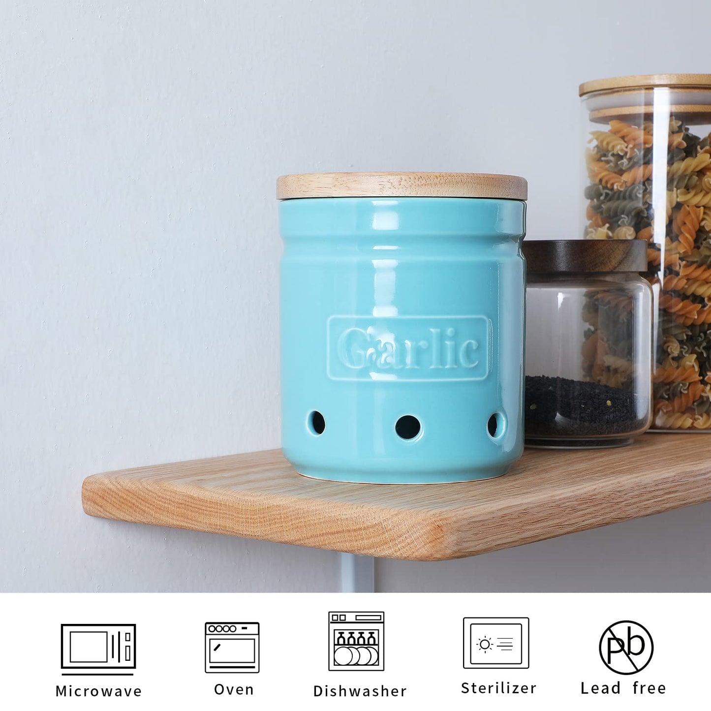 ONTUBE Garlic Keeper with Wooden Lid, 4.5-Inch Ceramic Garlic Holder 24oz (Turquoise)