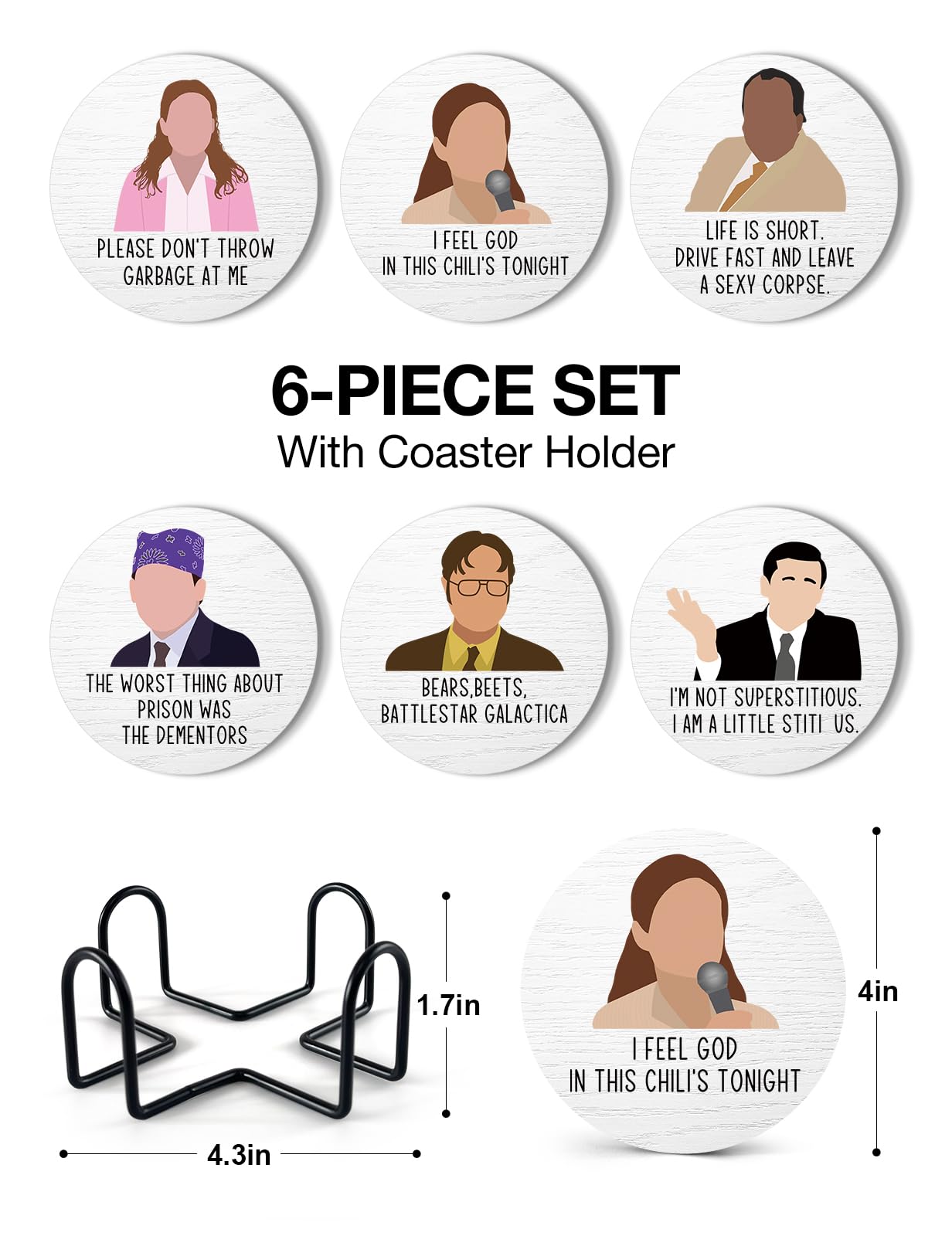 PWHINGN Funny The Office Themed Coasters for Drinks - New Girl Merchandise Coasters Set of 6 with Holder, New Girl Merch TV Show Gifts for Coffee Table, The Office Gifts for Man Women Fans