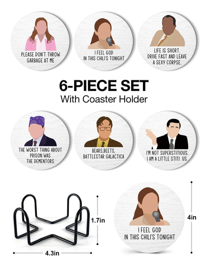 PWHINGN Funny The Office Themed Coasters for Drinks - New Girl Merchandise Coasters Set of 6 with Holder, New Girl Merch TV Show Gifts for Coffee Table, The Office Gifts for Man Women Fans