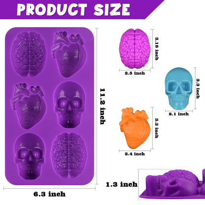 Sakolla Skull Brain and Heart Silicone Mold, 2 Pack Halloween Baking Molds for Make Human Organs shape Cake, Chocolate, Gelatin, Jelly, Soap and Resin