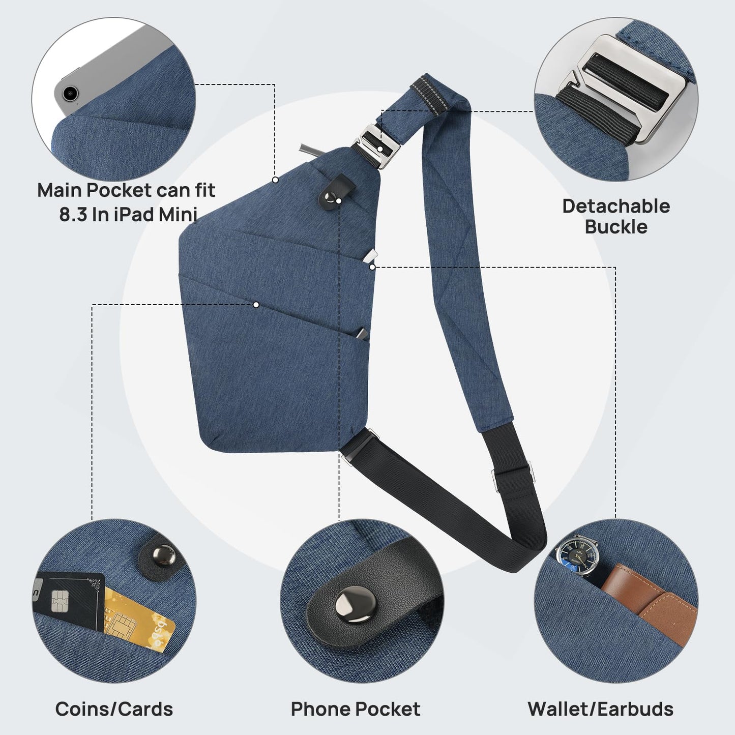 VADOO Sling Bag, Anti-Theft Chest Pack, Crossbody Shoulder Bag - Black Slim Multi-Pocket Backpack for Men - Lightweight, Outdoor, Sport, Travel, Hiking, Casual Daypack