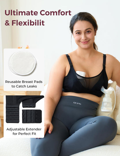 Momcozy Mesh Support Pumping Bra Hands Free Suitable for 36C-44G, HF018 Comfortable Plus Size Pumping and Nursing Bra in One Black