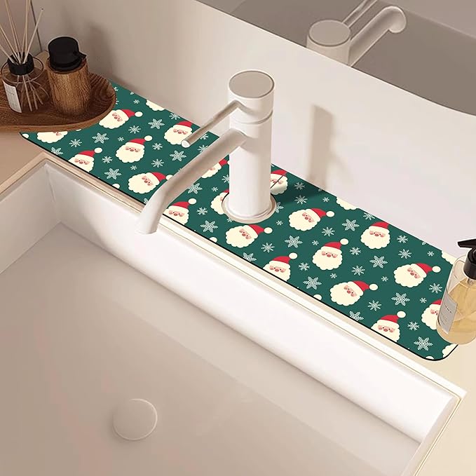 Christmas Kitchen Sink Splash Guard Mat Santa Claus and Snowflakes Sink Splash