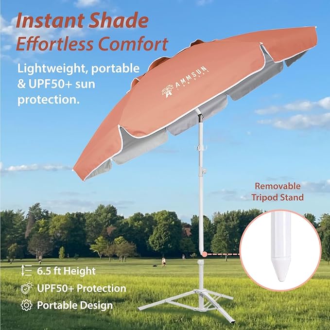 AMMSUN Shade Umbrella, Premium Portable Umbrella with Stand, 6.5ft Lightweight Free Standing Canopy for Sporting Games, Adjustable Instant Sun Protection and Easy to Carry, Peach Pink