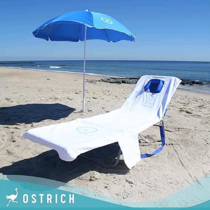 Ostrich Custom Fitted Towel for Chaise Lounge, Outdoor Beach Chair Cover with Storage Pockets, White - Towel Only - Chair Not Included