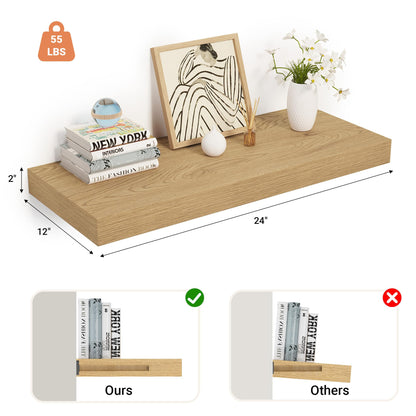 Heimlove 24 x 12 Inch Deep Floating Shelves Wall Mounted with Invisible Brackets,Storage Hanging Shelf for Wall Decor in Bathroom, Bedroom, Toilet, Kitchen, Living Room, Office Set of 1 (Oak)