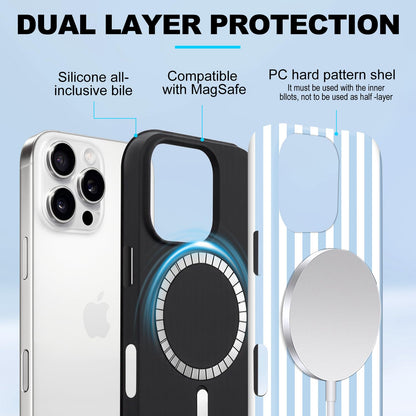 flewfun Magnetic for iPhone 16 Pro Max Case Cute Stripes Phone Case, Shockproof Slim TPU and Hard PC Protective Phone Cover Compatible with MagSafe Designed for Women Girls, Blue and White