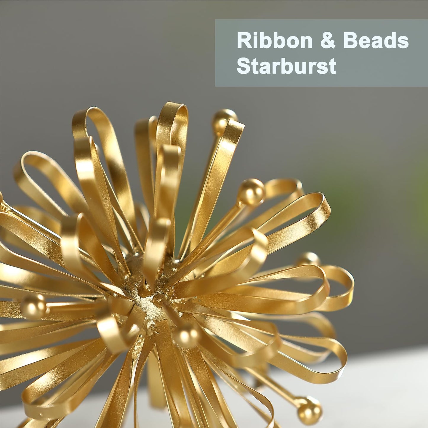 Retrome 6.7" Decorative Metal Starburst Tabletop Shelf Sculpture Accent, Gold Modern Table Decor, Looped Ribbon & Beads Edges Detailed