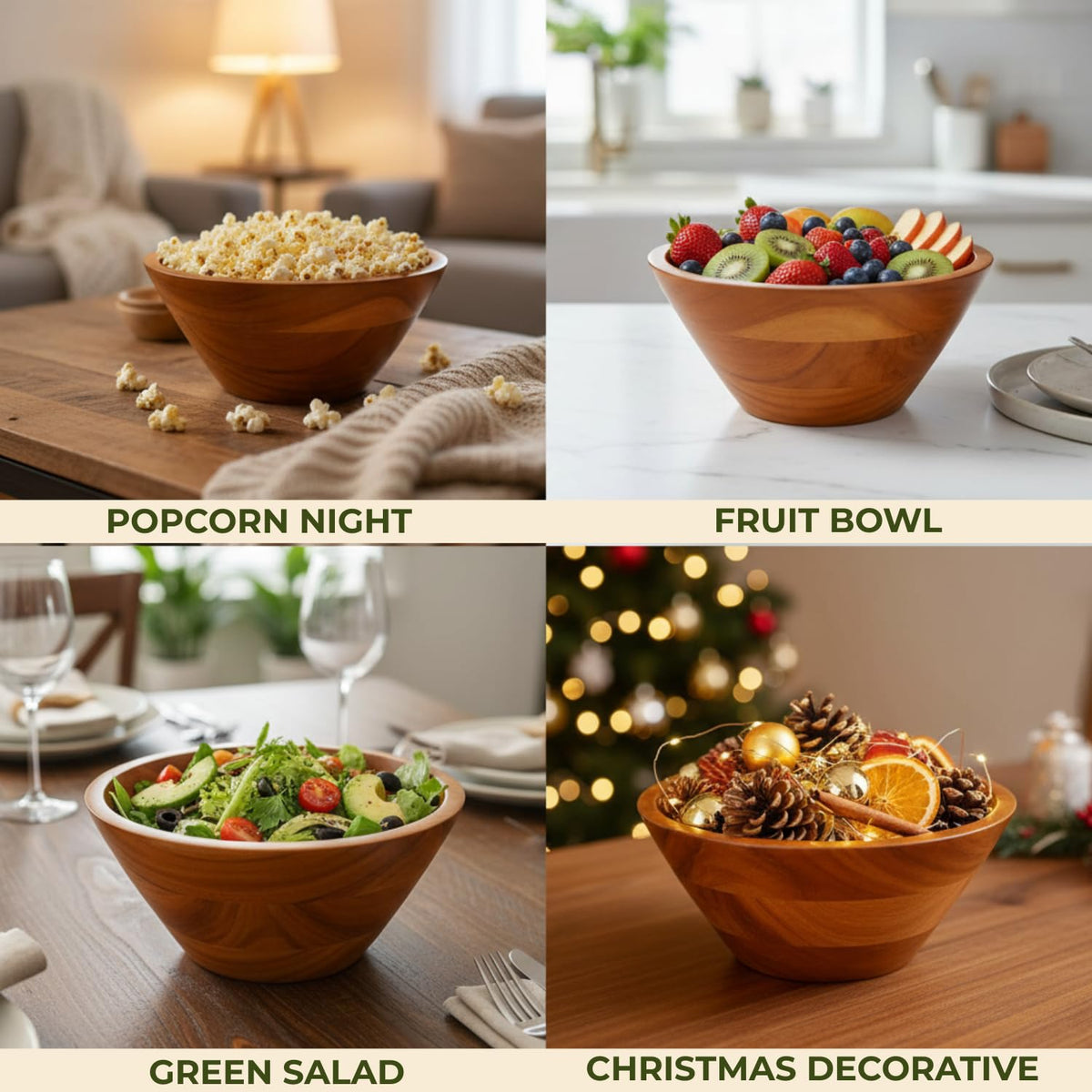 Aurah Acacia Wood Salad Bowl, 8" Diameter x 4.2" Height – Small Wooden Mixing & Serving Bowls for Salad, Pasta and Fruits – Kitchen & Outdoor Dining - Capacity 2.3 Quarts